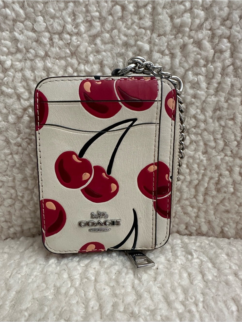 Coach Cherry Print Card Case with Chain - White & Red